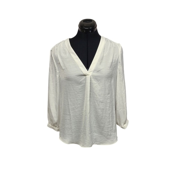 Vince Camuto Tops - Vince Camuto White V Neck Collared Long Sleeve Button Cuff Blouse Top Size S‎